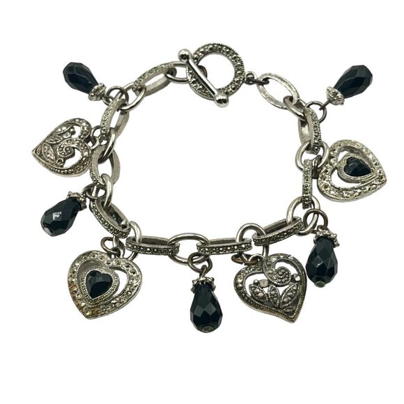 Vintage Silver Glitz Heart Charm Bracelet Black‎ Crystal Bead Charms Y2K Glam - Picture 1 of 4